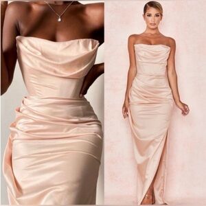 House of CB London Adrienne Champagne Satin Gown Maxi Dress Size Large